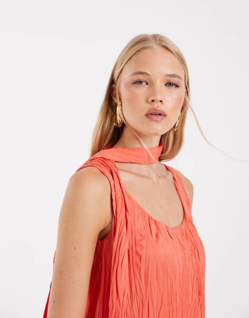 ASOS DESIGN crinkle scarf mini dress in coral, 3 of 4
