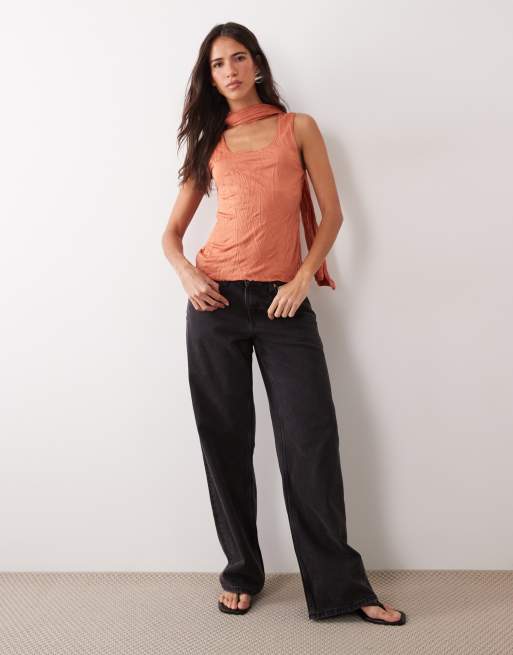 ASOS DESIGN crinkle scarf neck tank top in rust, 2 of 4