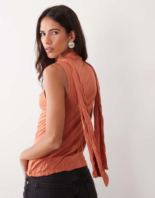 ASOS DESIGN crinkle scarf neck tank top in rust, 4 of 4