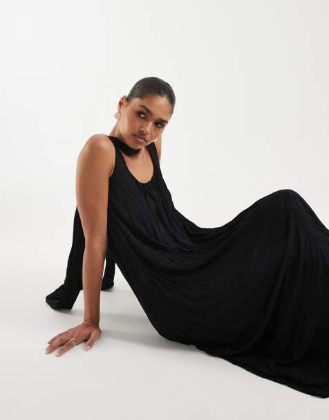 ASOS DESIGN crinkle scoop neck maxi dress with scarf detail in black - view 1