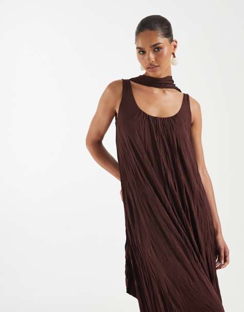 ASOS DESIGN crinkle scoop neck maxi dress with scarf detail in chocolate - view 1