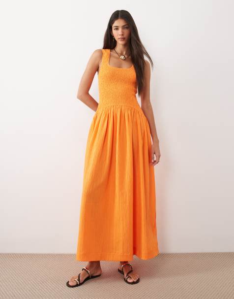 ASOS DESIGN crinkle scoop neck maxi sundress with shirred waist in vibrant orange - view 1