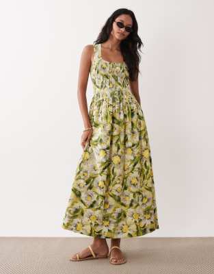 ASOS DESIGN crinkle scoop neck maxi sundress with shirred waist in yellow daisy 