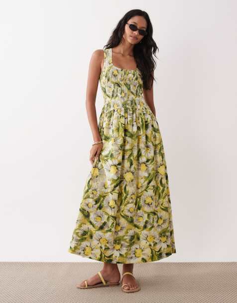 ASOS DESIGN crinkle scoop neck maxi sundress with shirred waist in yellow daisy print - view 1