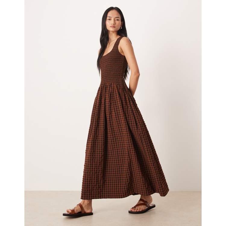 forest green bridesmaid dresses long sleeve Gingham Smocked Waist Maxi Dress main image 0