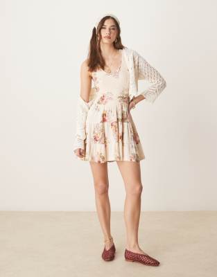 ASOS DESIGN crinkle scoop neck tiered mini dress in vintage floral print