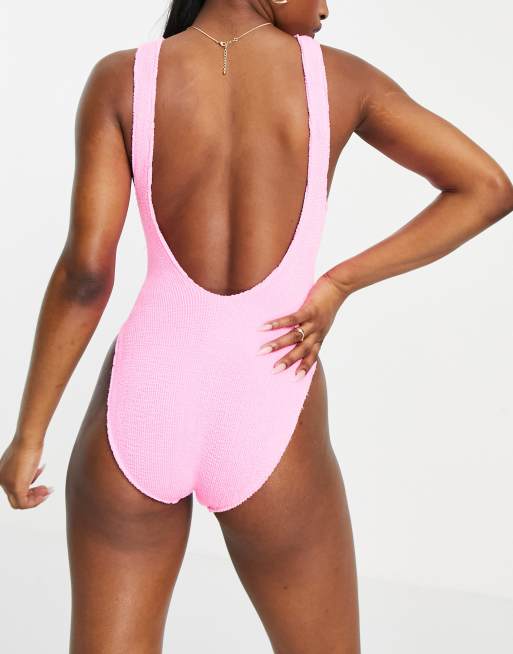 ASOS DESIGN crinkle scoop swimsuit in pink, 2 of 4