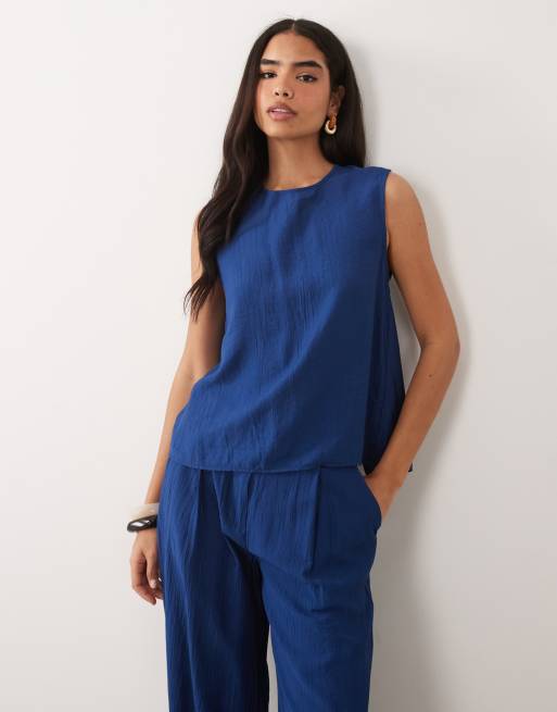 ASOS DESIGN crinkle shell tie back top co-ord in navy, 3 of 4