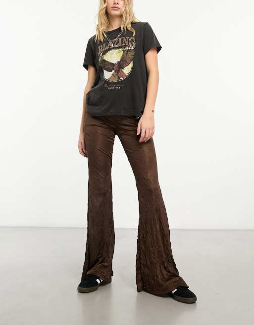 COLLUSION faux leather flare trouser in burgundy