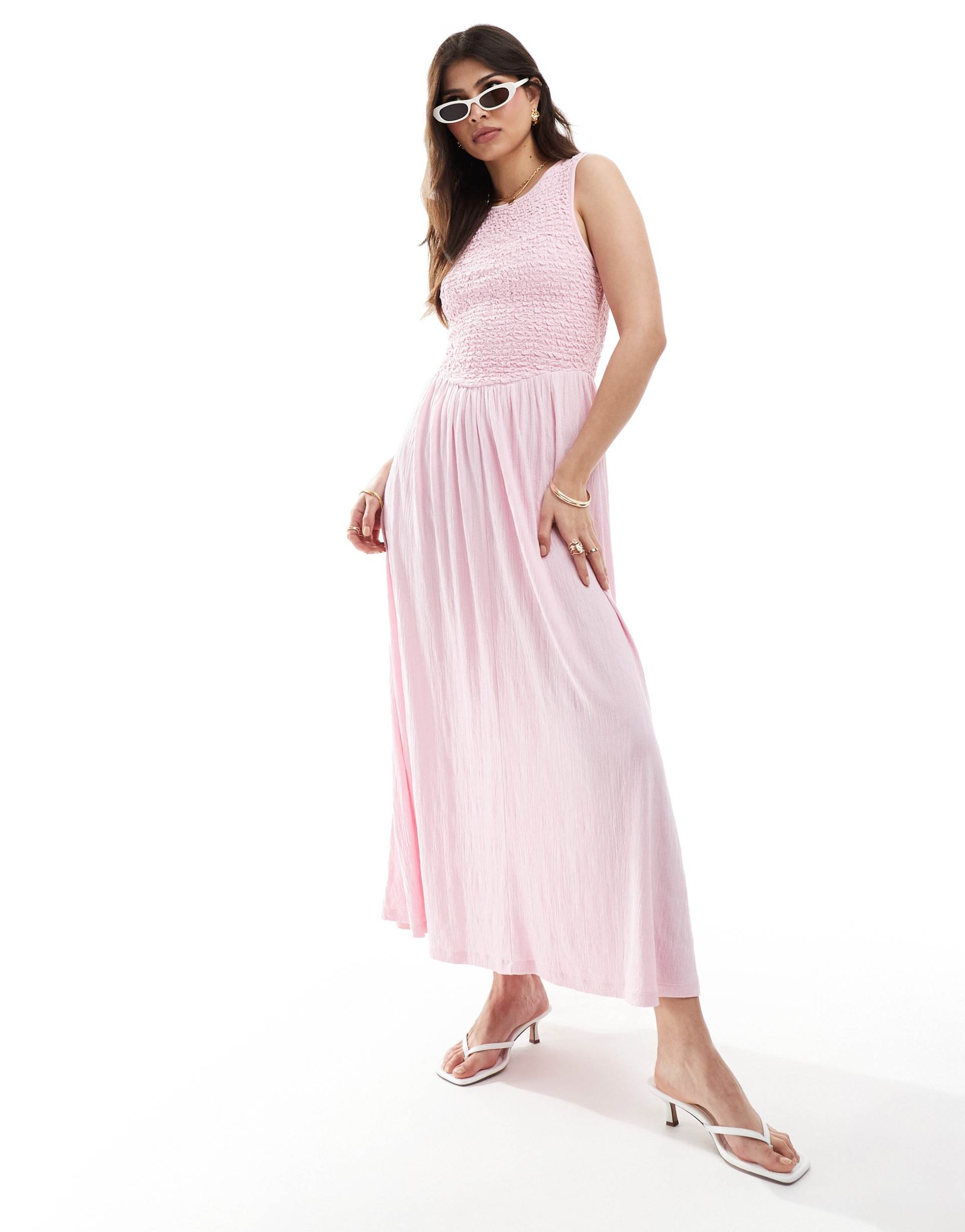 asos design crinkle shirred bodice maxi dress with open back in baby pink