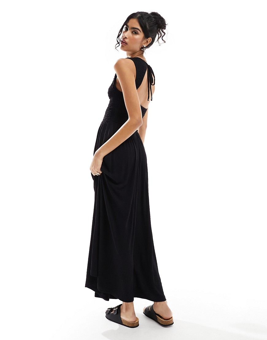 Asos Design Crinkle Shirred Bodice Maxi Dress With Open Back In Black
