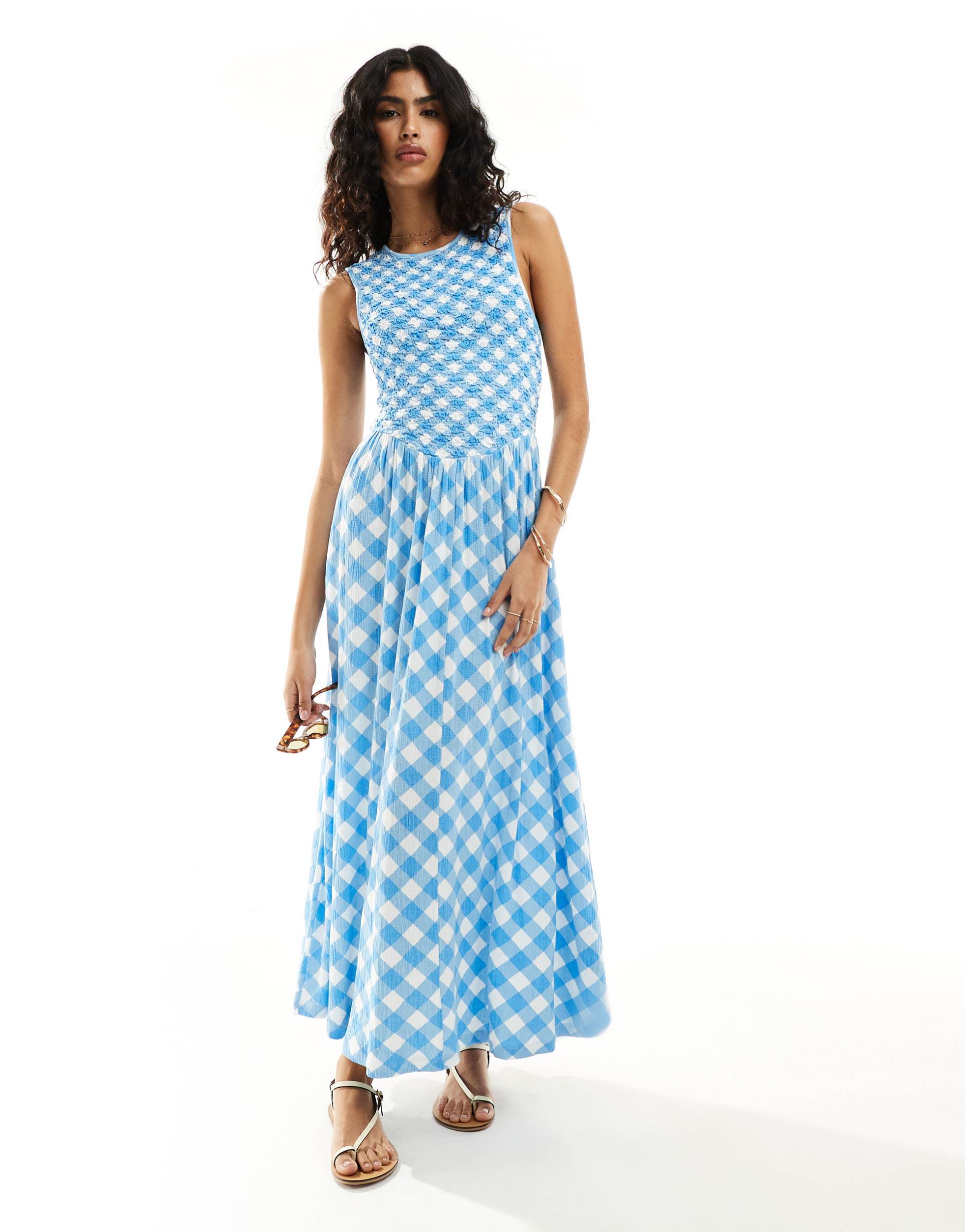 asos design crinkle shirred bodice maxi dress with open back in gingham print