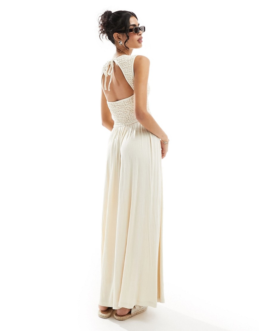 ASOS DESIGN crinkle shirred bodice maxi dress with open back in stone-Neutral