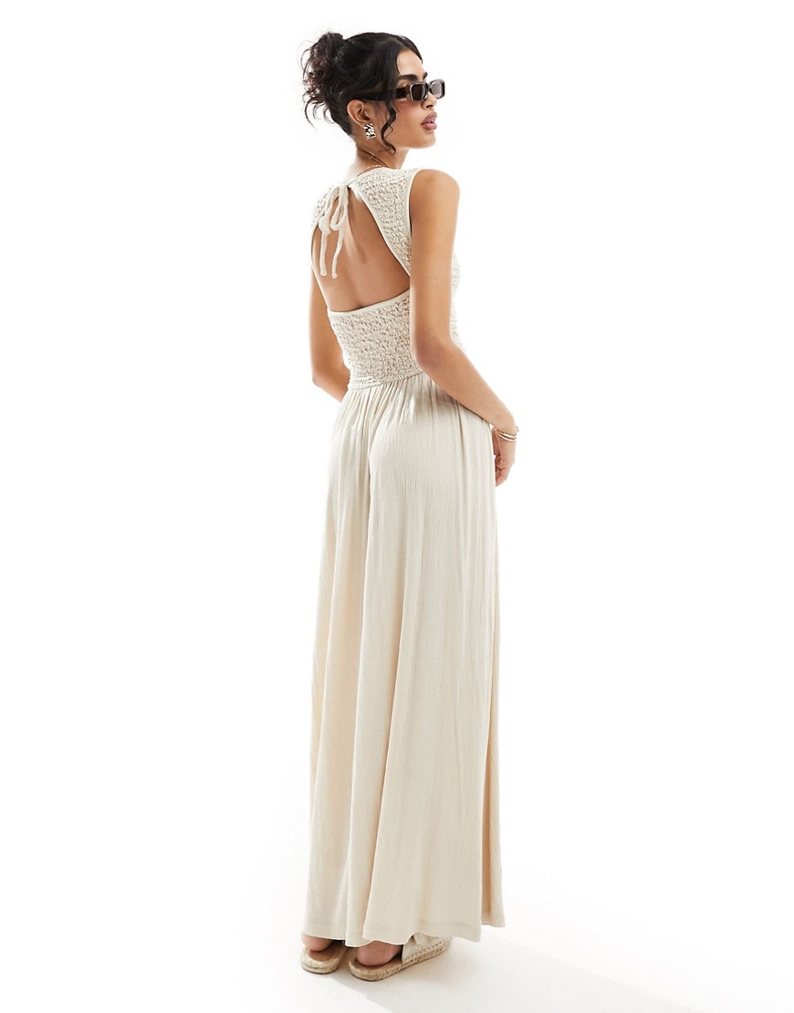Asos Design Crinkle Shirred Bodice Maxi Dress With Open Back In Stone-neutral