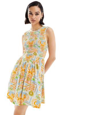 ASOS DESIGN ASOS DESIGN crinkle shirred bodice mini dress with open back in floral abstract print-Multi