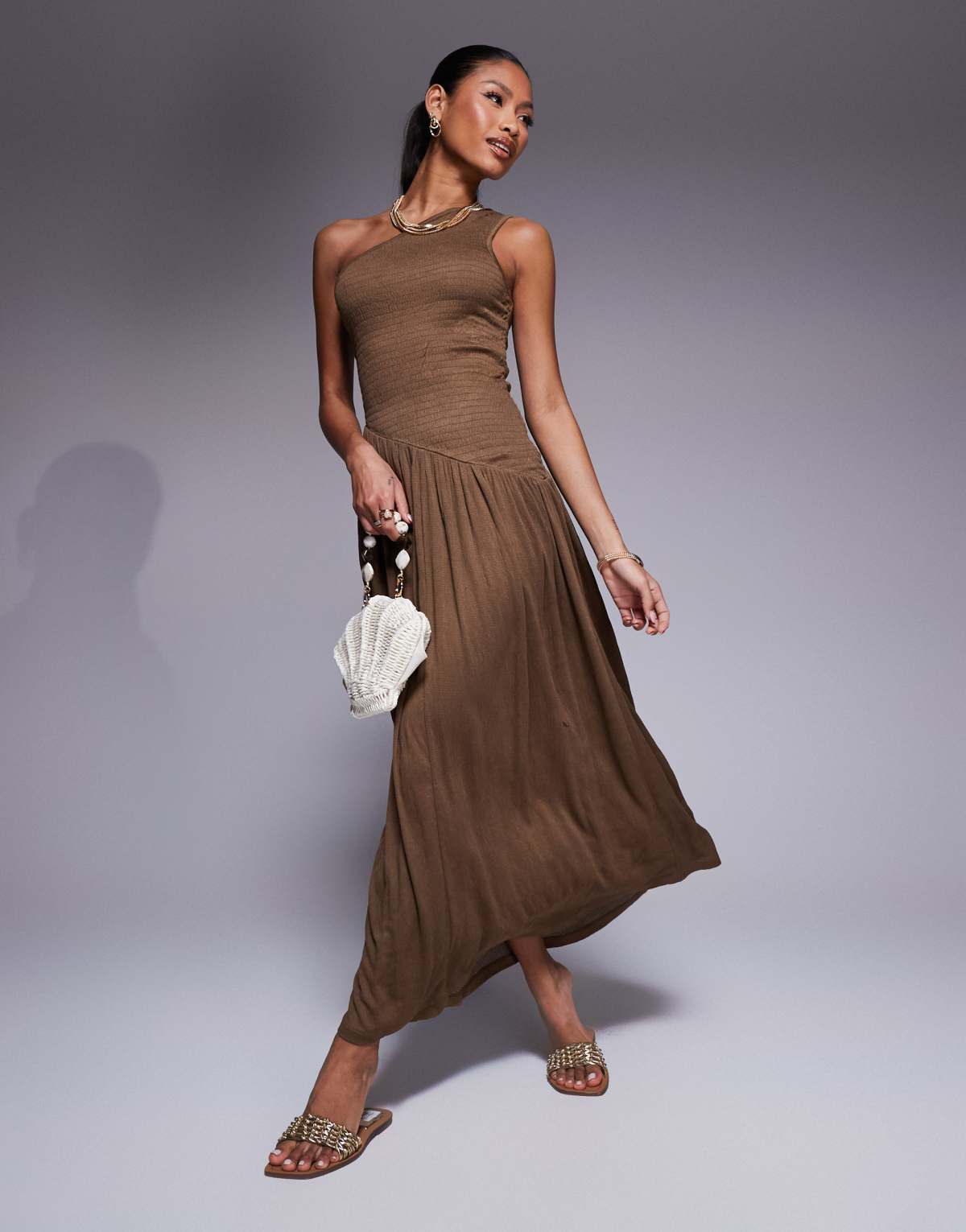 ASOS DESIGN crinkle shirred bodice one shoulder asym dropped waist midiaxi dress in chocolate