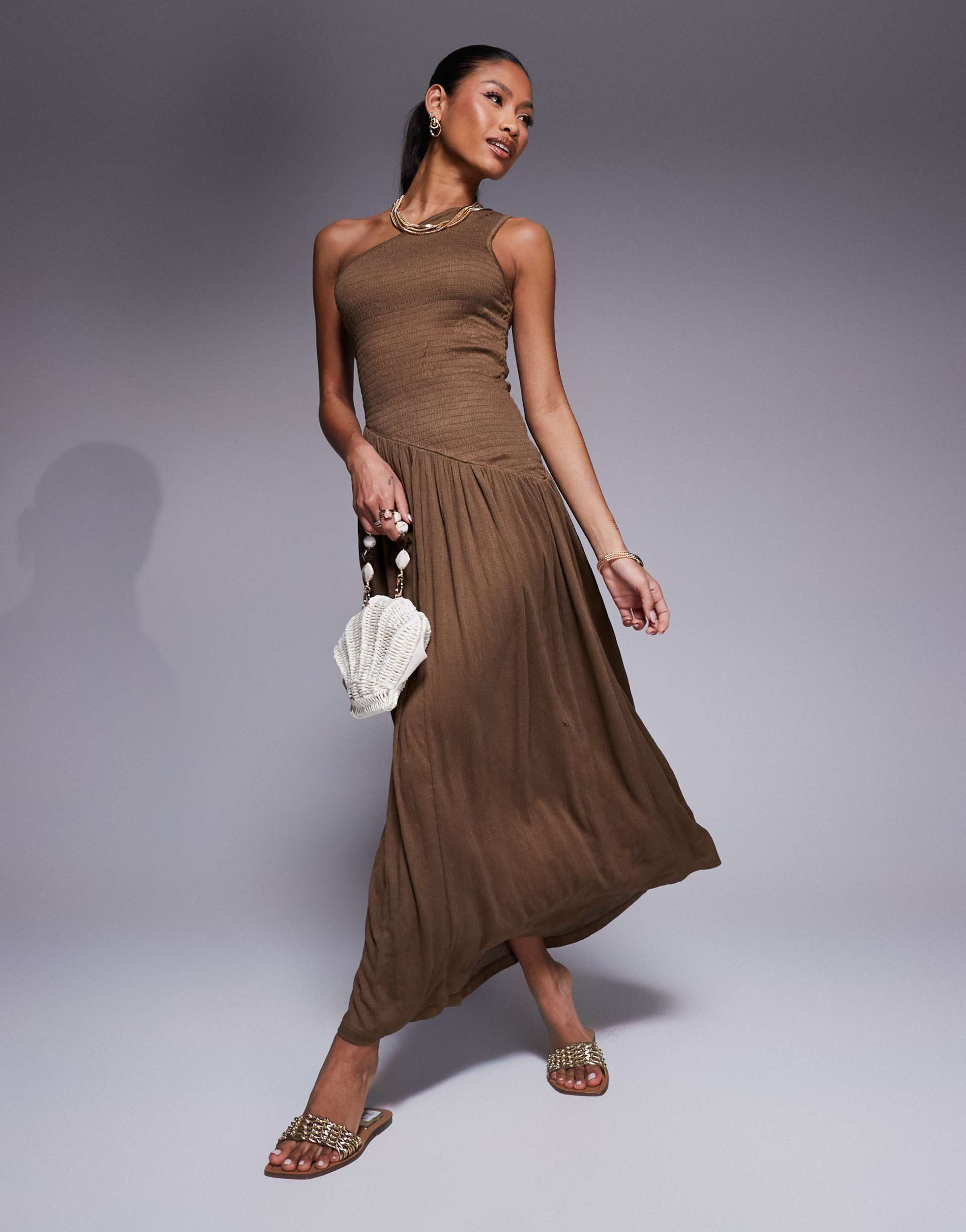 asos design crinkle shirred bodice one shoulder asymmetric drop waist midaxi dress in chocolate