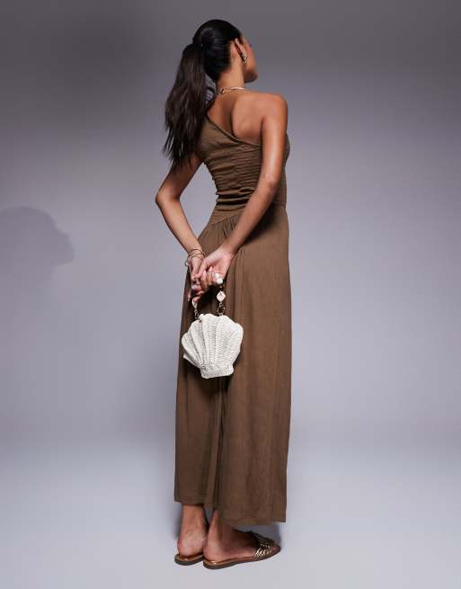 ASOS DESIGN crinkle shirred bodice one shoulder asymmetric drop waist midaxi dress in chocolate