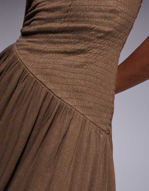 ASOS DESIGN crinkle shirred bodice one shoulder asymmetric drop waist midaxi dress in chocolate