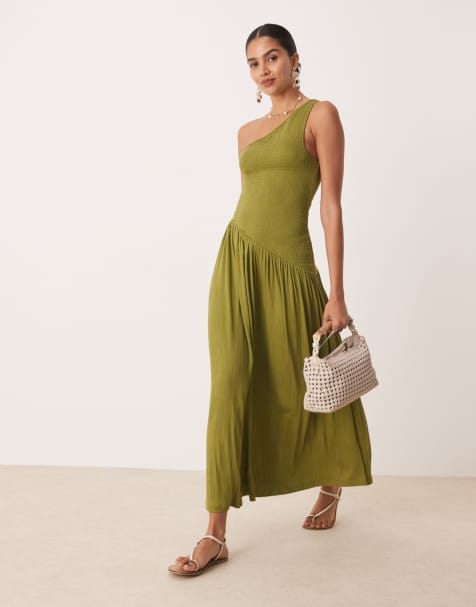 ASOS DESIGN crinkle shirred bodice one shoulder asymmetric dropped waist midi dress in olive green - view 1