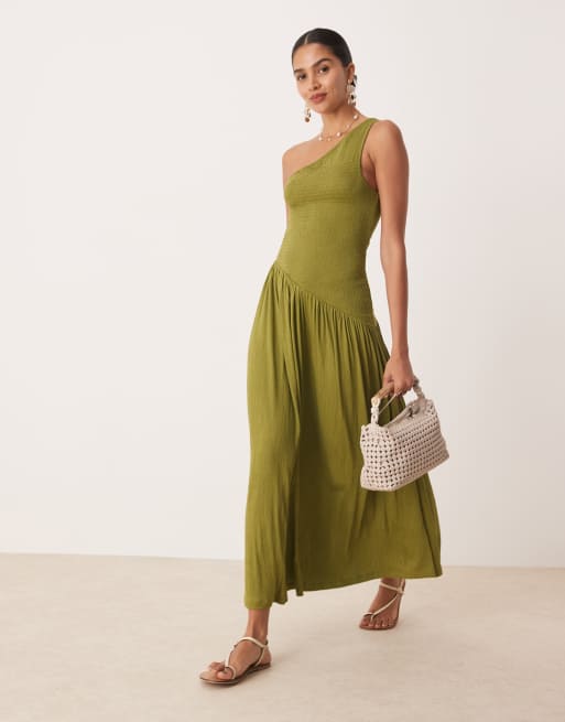ASOS DESIGN crinkle shirred bodice one shoulder asymmetric dropped waist midi dress in olive green