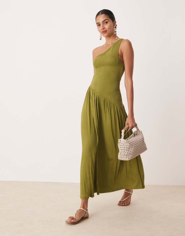 ASOS DESIGN crinkle shirred bodice one shoulder asymmetric dropped waist  midi dress in olive green | ASOS