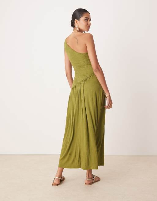 ASOS DESIGN crinkle shirred bodice one shoulder asymmetric dropped waist midi dress in olive green