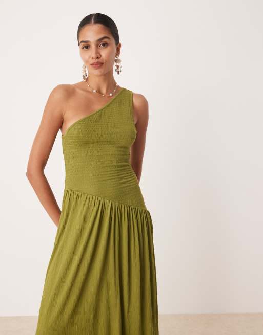 ASOS DESIGN crinkle shirred bodice one shoulder asymmetric dropped waist midi dress in olive green
