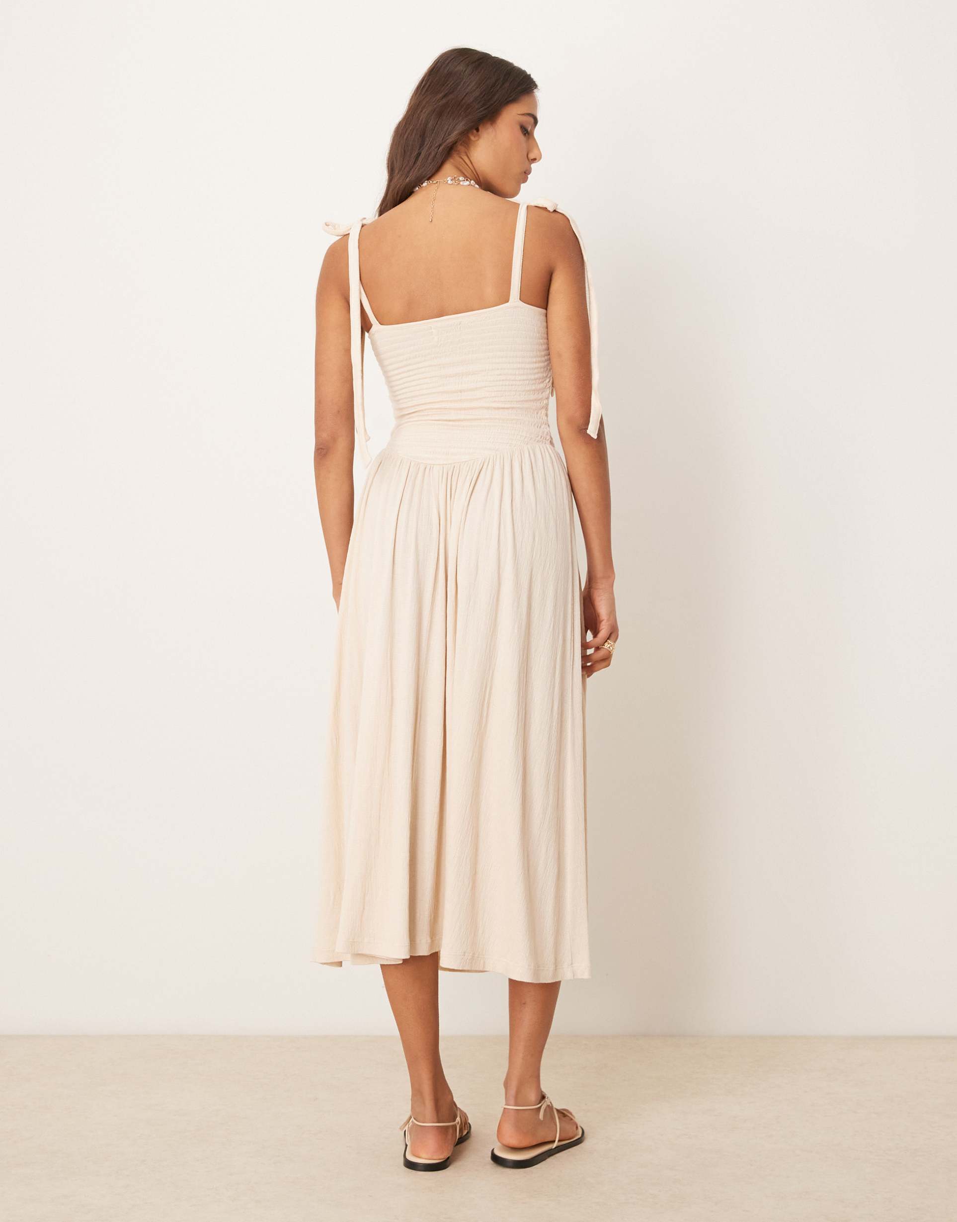asos design crinkle shirred bodice tie cami strap midi dress in stone
