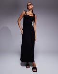 [ASOS DESIGN] ASOS DESIGN crinkle shirred bodice tie cami strap midi sundress in black 6 BLACK