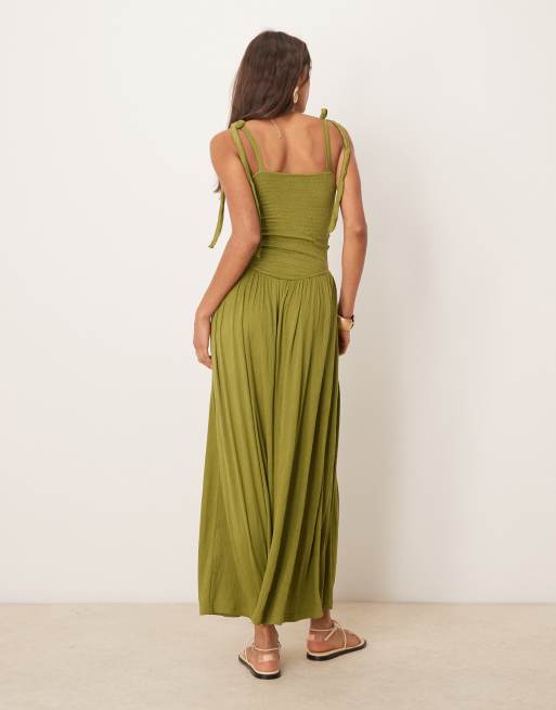 ASOS DESIGN crinkle shirred bodice tie cami strap midi sundress in olive |  ASOS