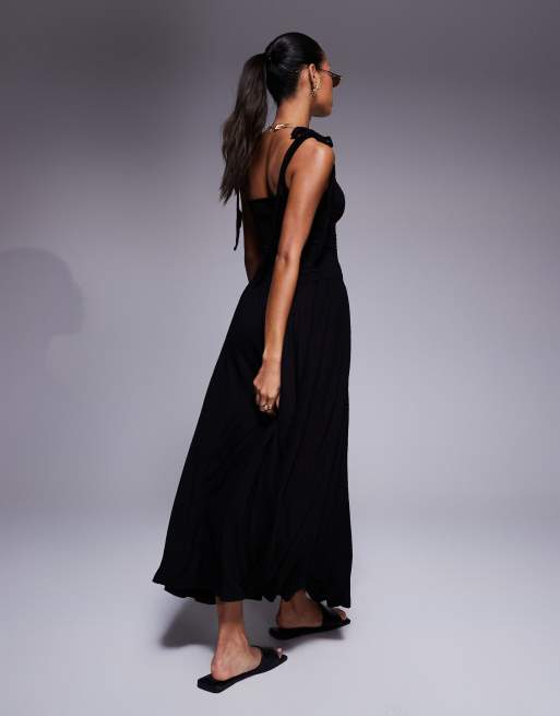ASOS DESIGN crinkle shirred bodice tie cami strap midi dress in black