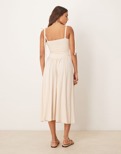 ASOS DESIGN crinkle shirred bodice tie strap cami midi sundress in stone