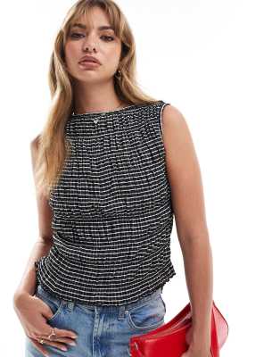 Asos Design Crinkle Shirred Top In Black Check