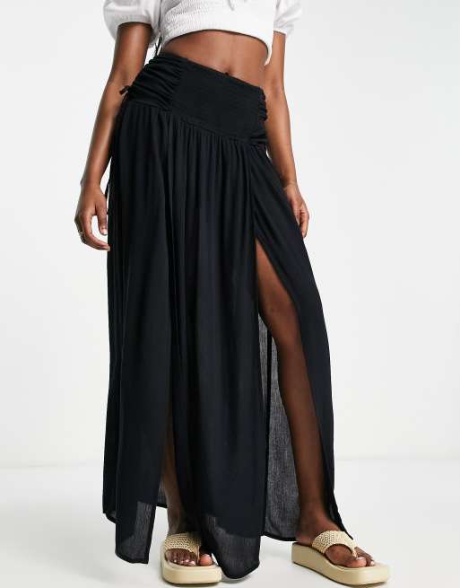 ASOS DESIGN crinkle shirred waist maxi skirt with ruched sides in black