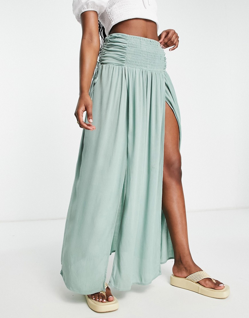 ASOS DESIGN crinkle shirred waist maxi skirt with ruched sides in khaki-Green