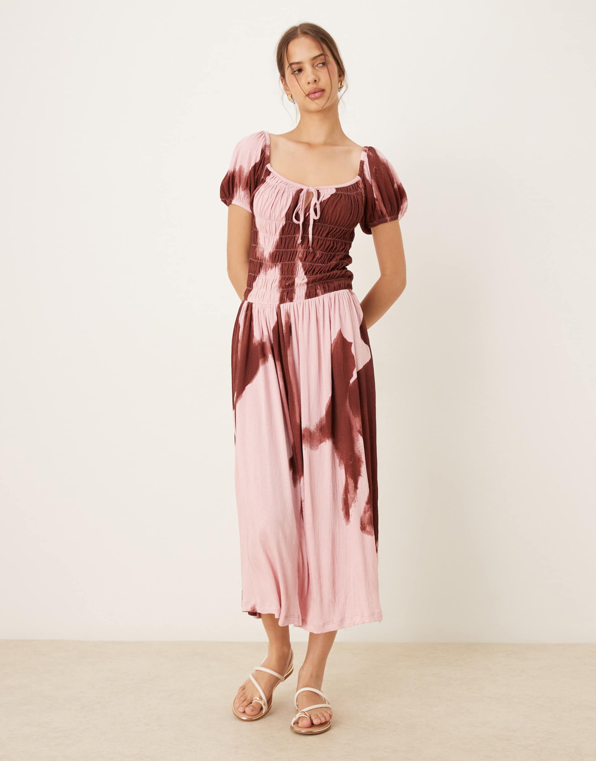 asos design crinkle shirred waist milkmaid puff sleeve midi day dress in abstract floral