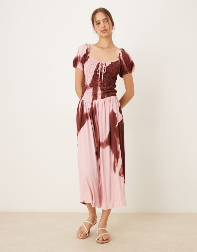ASOS DESIGN crinkle shirred waist milkmaid puff sleeve midi day dress in abstract floral