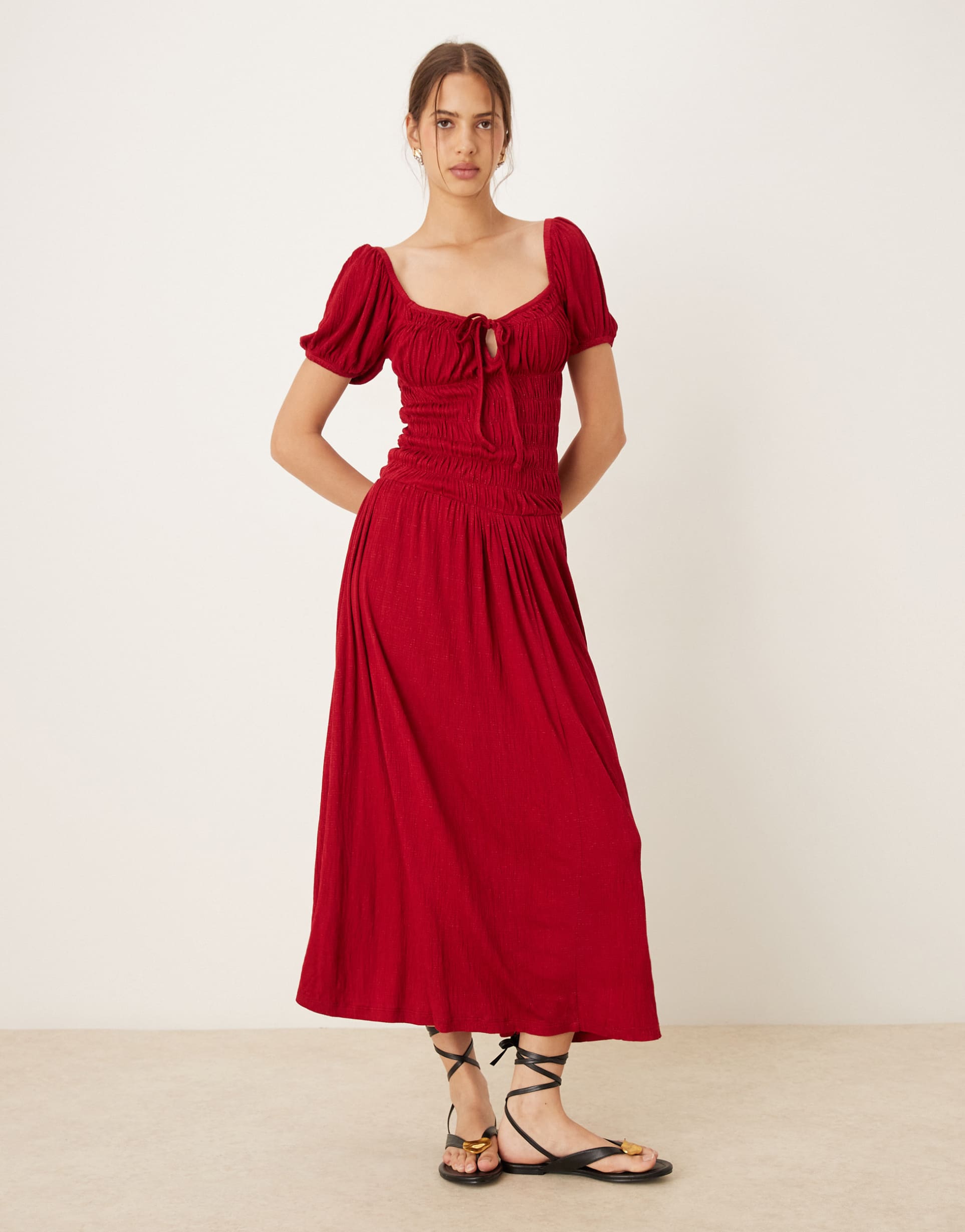 asos design crinkle shirred waist milkmaid puff sleeve midi day dress in burgundy