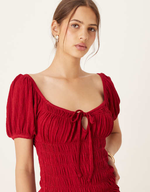 ASOS DESIGN crinkle shirred waist milkmaid puff sleeve midi day dress in  burgundy