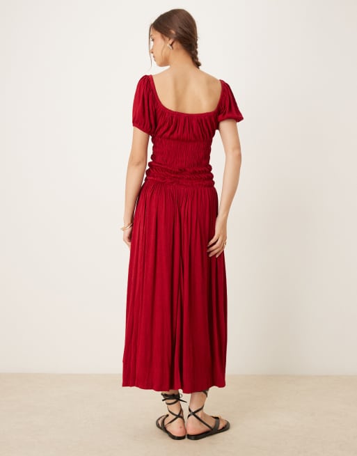 burgundy milkmaid dress ASOS DESIGN crinkle shirred waist puff sleeve midi day in cotton_sundress ASYOU ICONICS embellished beaded SIZE:Custom size Vesina Maxi Dress
