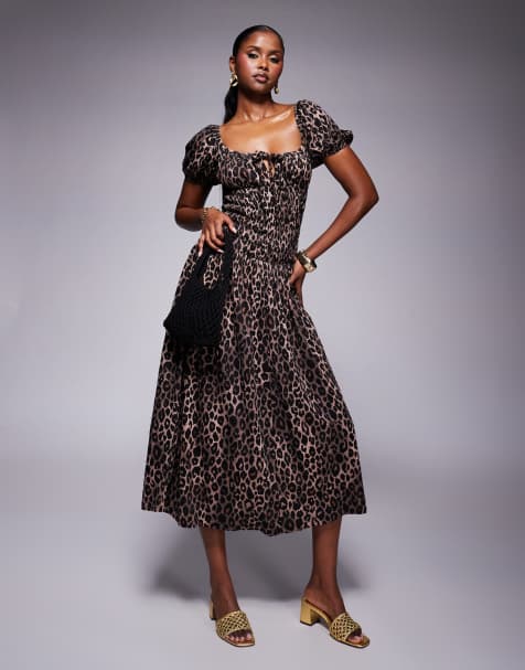 ASOS DESIGN crinkle shirred waist milkmaid puff sleeve midi tea dress in leopard print - view 1