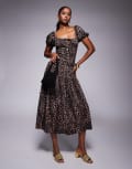 [ASOS DESIGN] ASOS DESIGN crinkle shirred waist milkmaid puff sleeve midi tea dress in leopard print-Multi 14 Leopard print