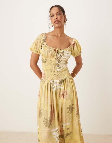 ASOS DESIGN crinkle shirred waist milkmaid puff sleeve midi tea dress in pastel postcard print - view 1