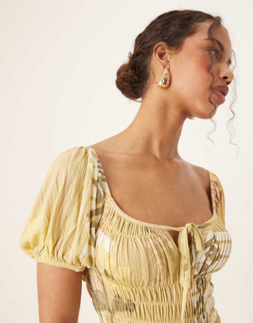 ASOS DESIGN crinkle shirred waist milkmaid puff sleeve midi tea dress in pastel postcard print, 3 of 4