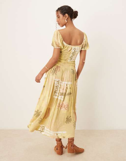 ASOS DESIGN crinkle shirred waist milkmaid puff sleeve midi tea dress in pastel postcard print, 4 of 4