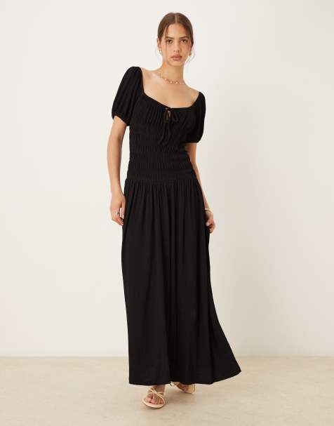 ASOS DESIGN crinkle shirred waist milkmaid puff sleeve tea dress in black - view 1