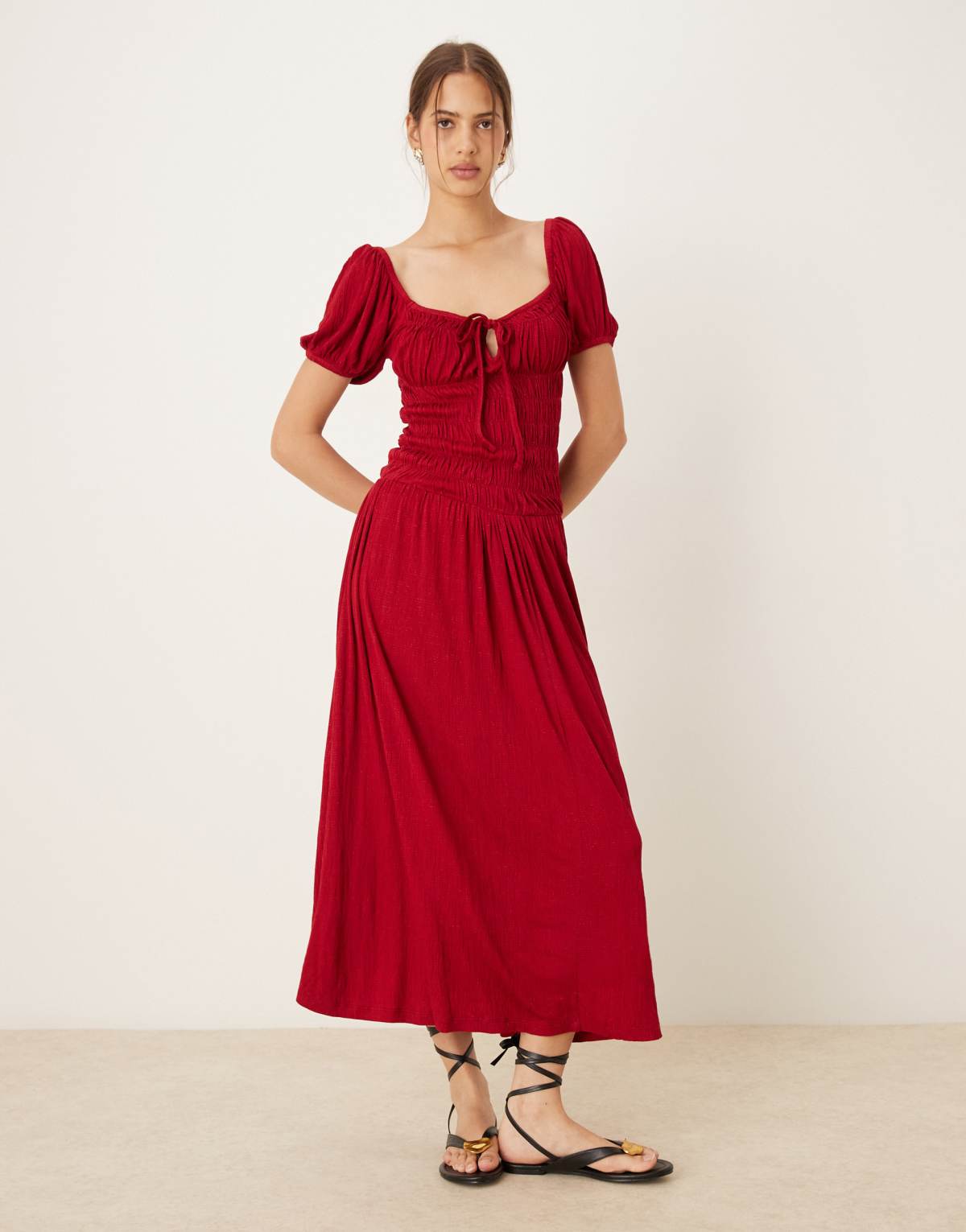 ASOS DESIGN crinkle shirred waist milkmaid puff sleeve tea dress in burgundy