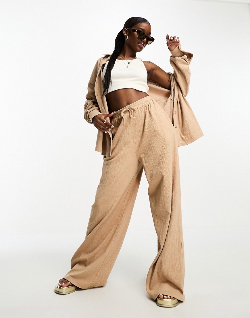 Asos Design Crinkle Shirred Waist Wide Leg Pants In Stone - Part Of A Set-neutral