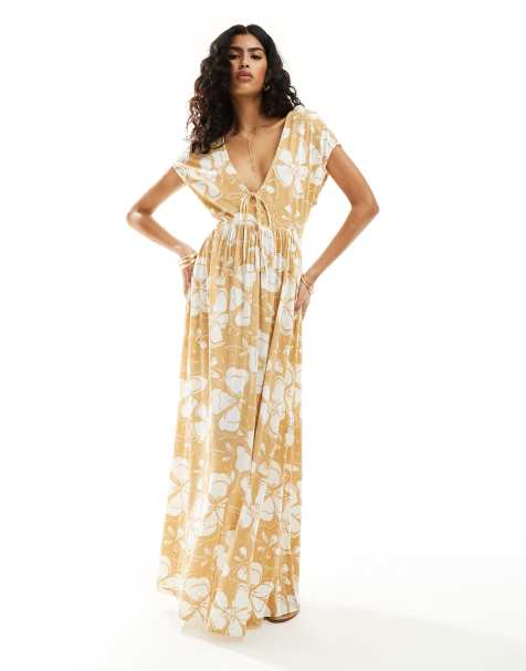ASOS DESIGN crinkle short sleeve tie v neck front midaxi tea dress in brown floral print - view 1